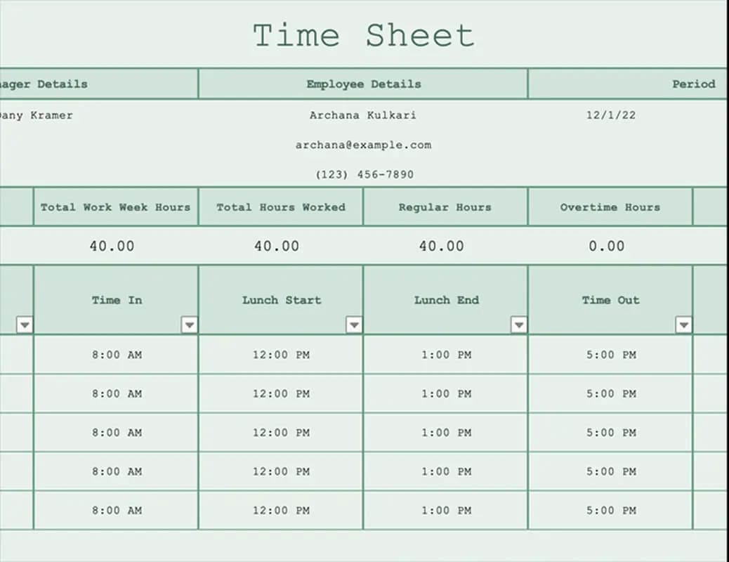 Feuille de calcul de feuille de temps