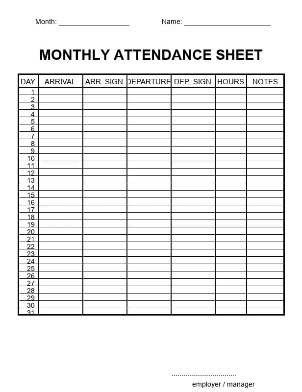 Aperçu du modèle Excel de feuille de présence mensuelle