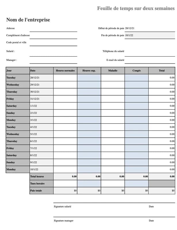 Aperçu du modèle Excel de feuille de temps avec maladie et congés