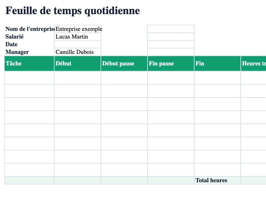 Aperçu Excel : Feuille de temps quotidienne