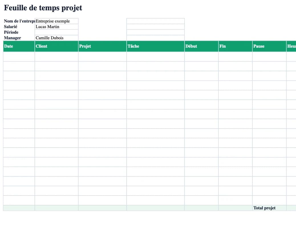 Aperçu Excel : Feuille de temps projet