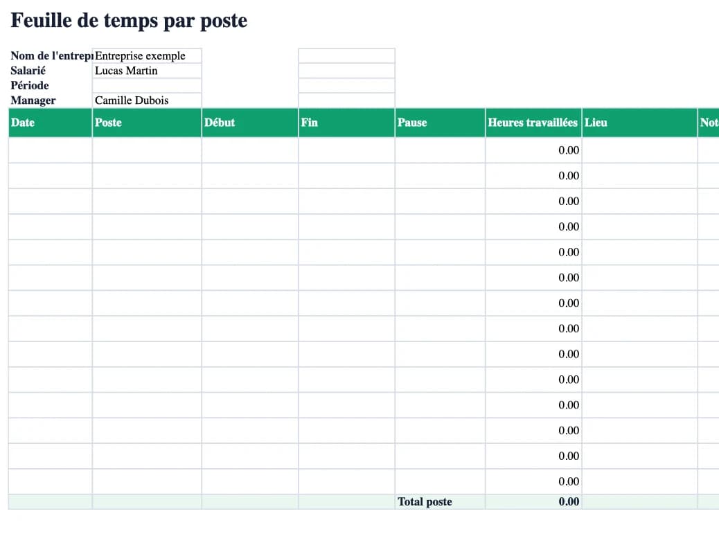 Aperçu Excel : Feuille de temps par poste