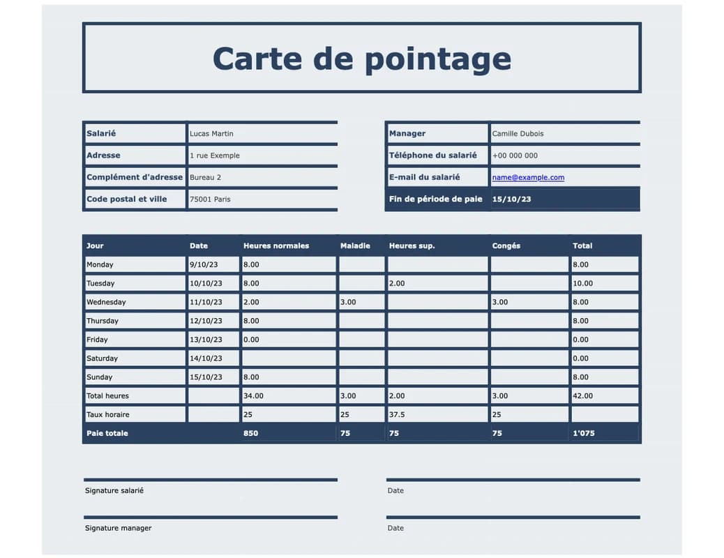 Aperçu du modèle Excel de feuille de pointage