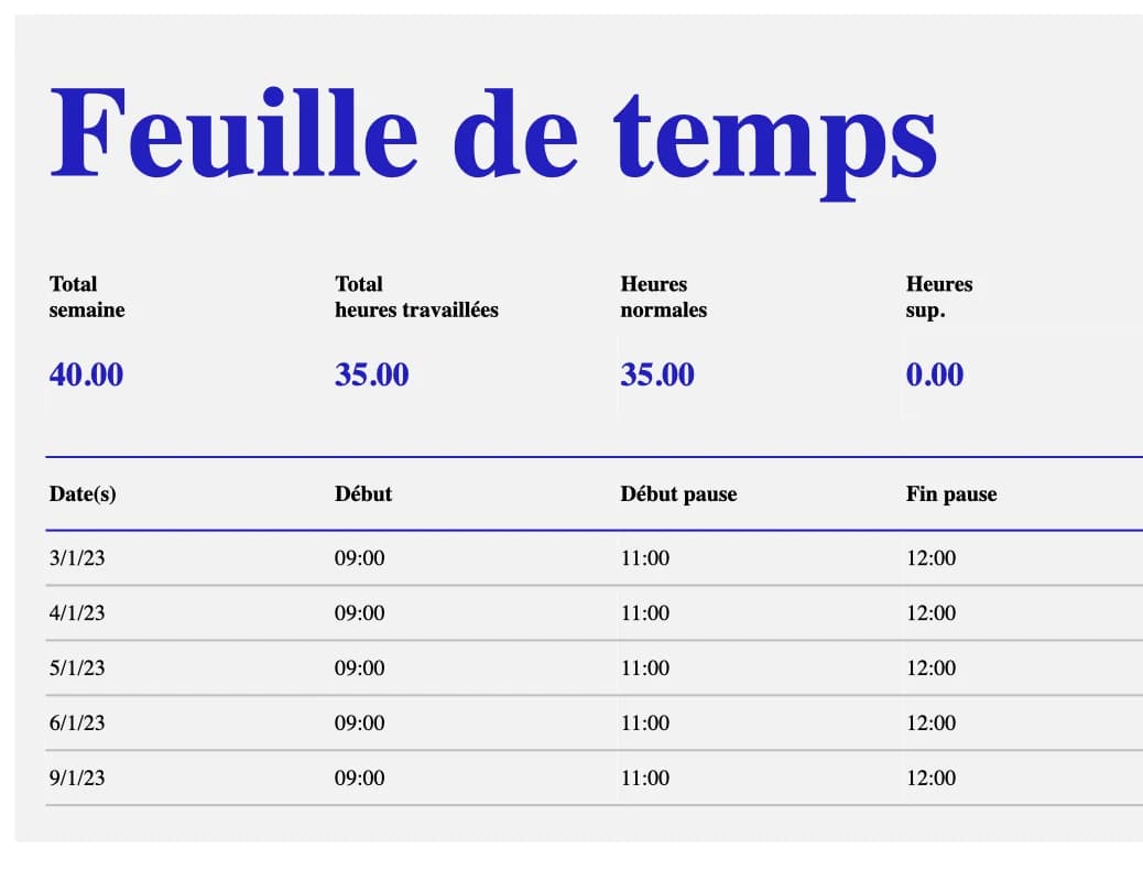 Aperçu du modèle Excel de feuille de temps hebdomadaire