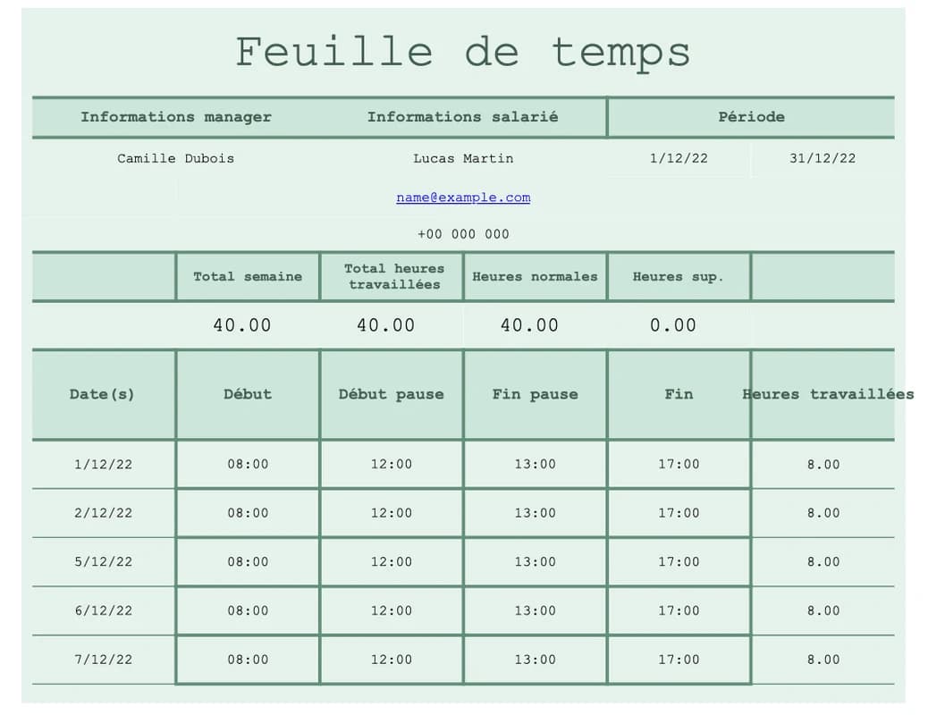 Aperçu du modèle Excel de tableau des heures par tâche