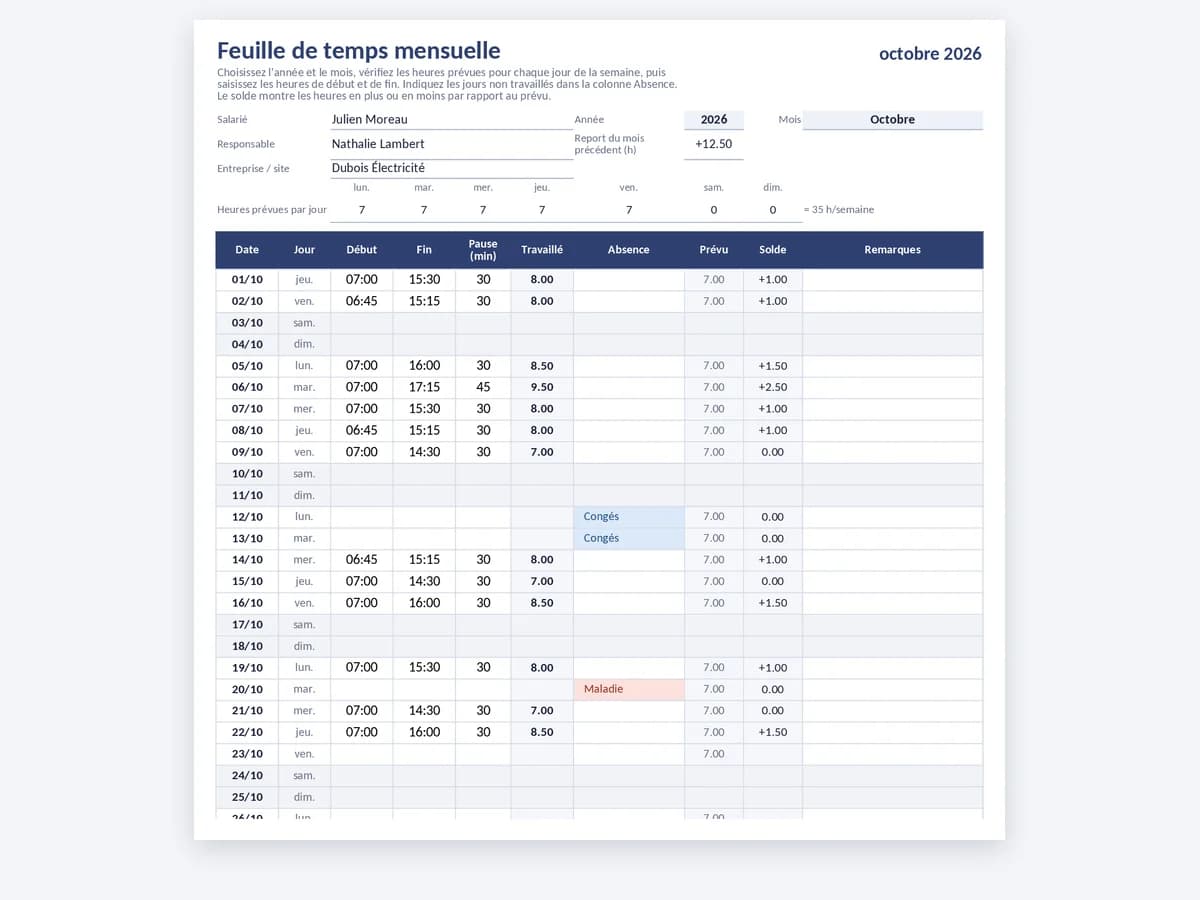 Feuille de temps mensuelle Excel avec dates, colonne d'absence, heures prévues et solde d'heures