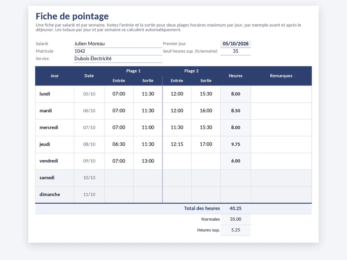 Fiche de pointage hebdomadaire Excel avec deux entrées et sorties par jour