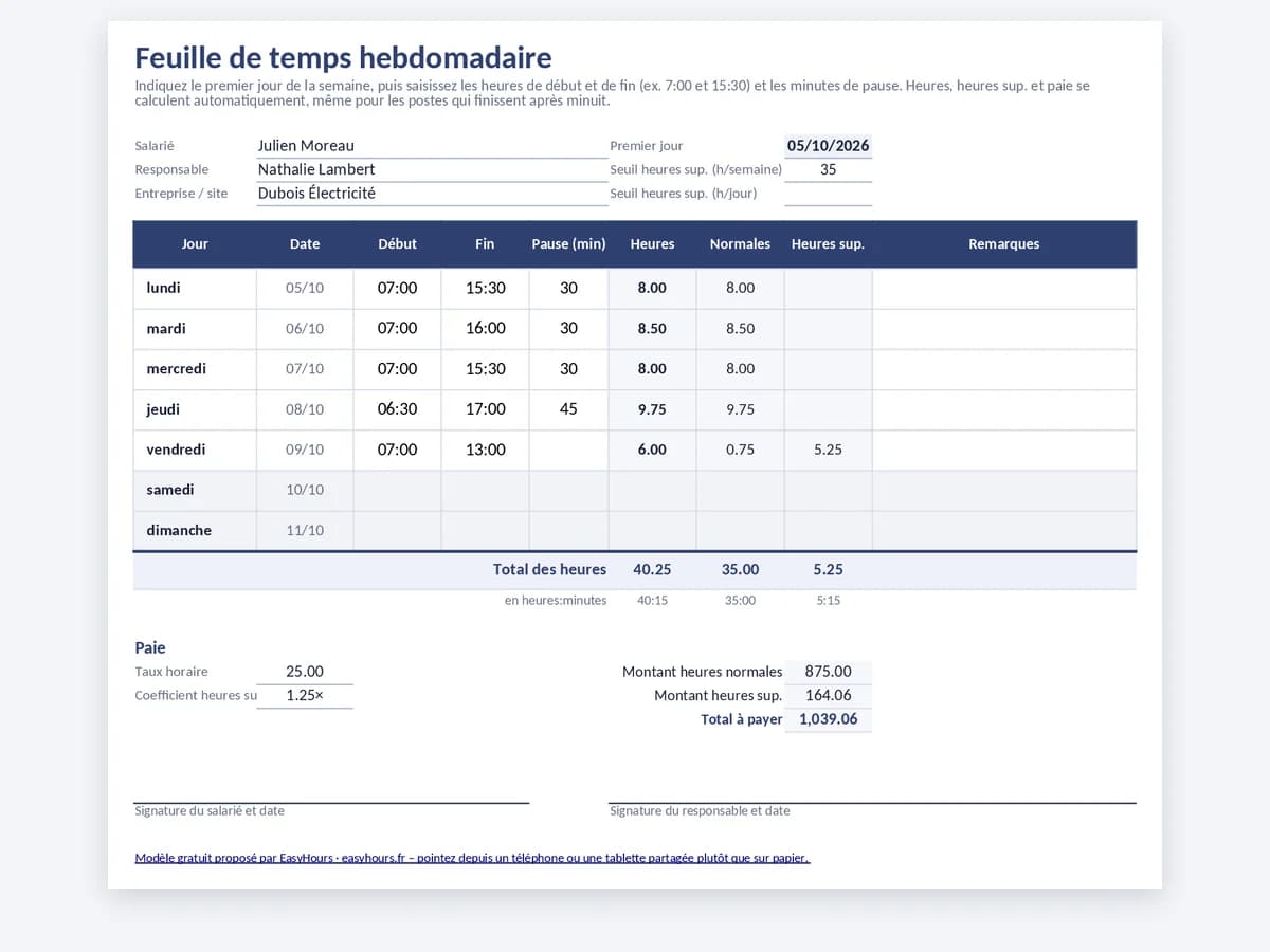 Feuille de temps hebdomadaire Excel avec colonnes début, fin, pause, heures sup. et paie